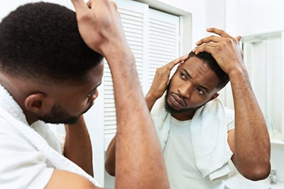 prp hair treatment atlanta, image of a young man examining the left side of his head in the mirror.