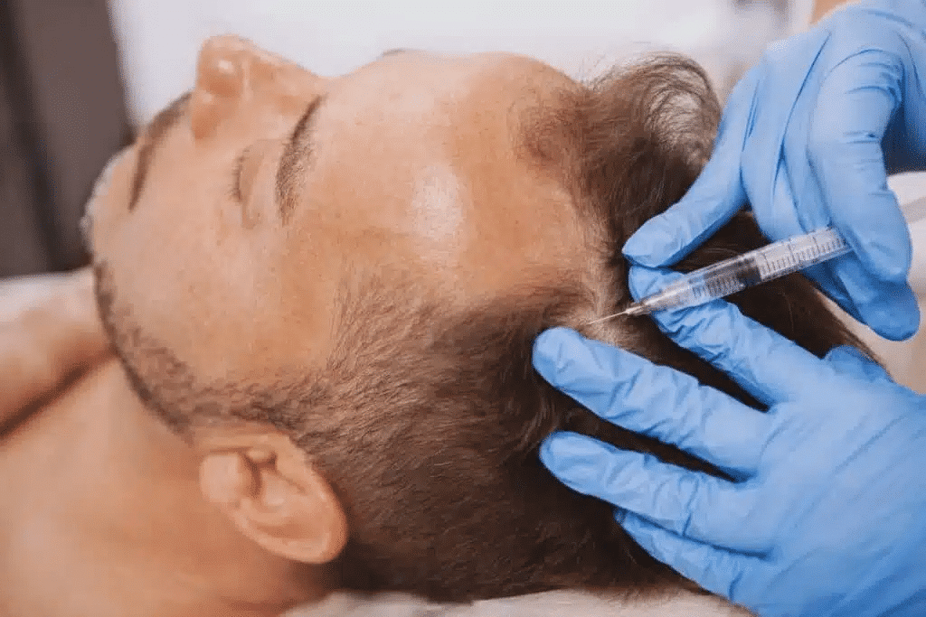 PRP For Hair Restoration, image of a man receiving a PRP injection in his hairline.