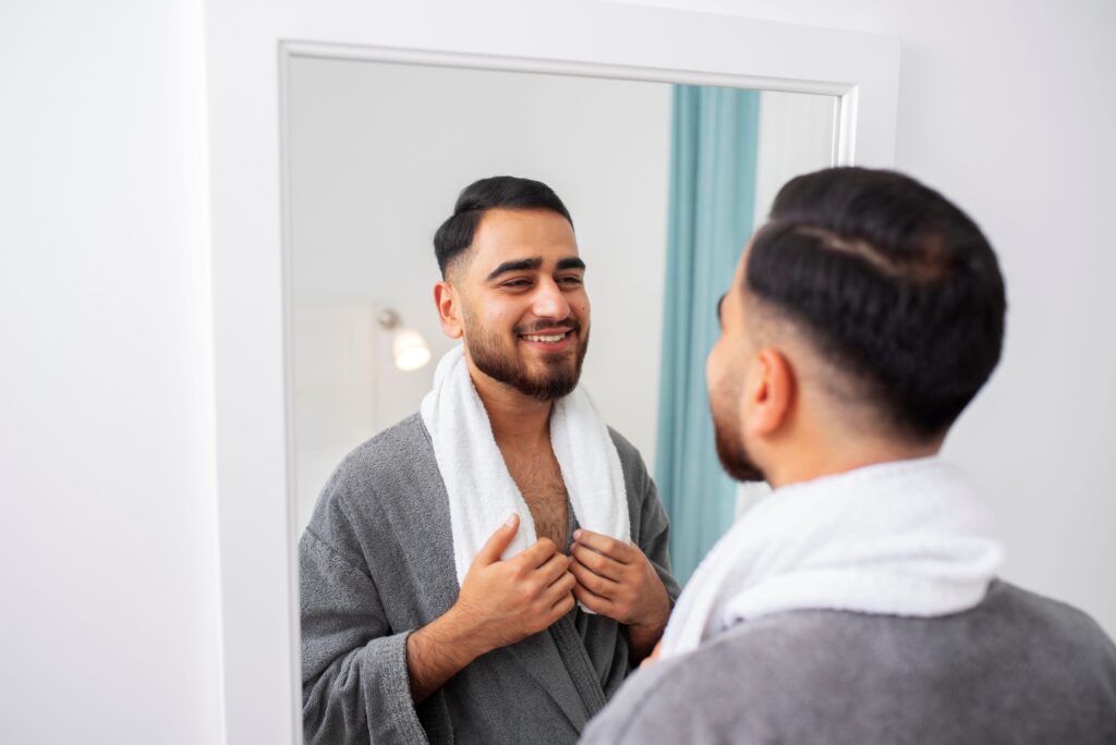 PRP hair treatment, Image of a happy man wearing a gray robe and white towel around his neck looking in the mirror.