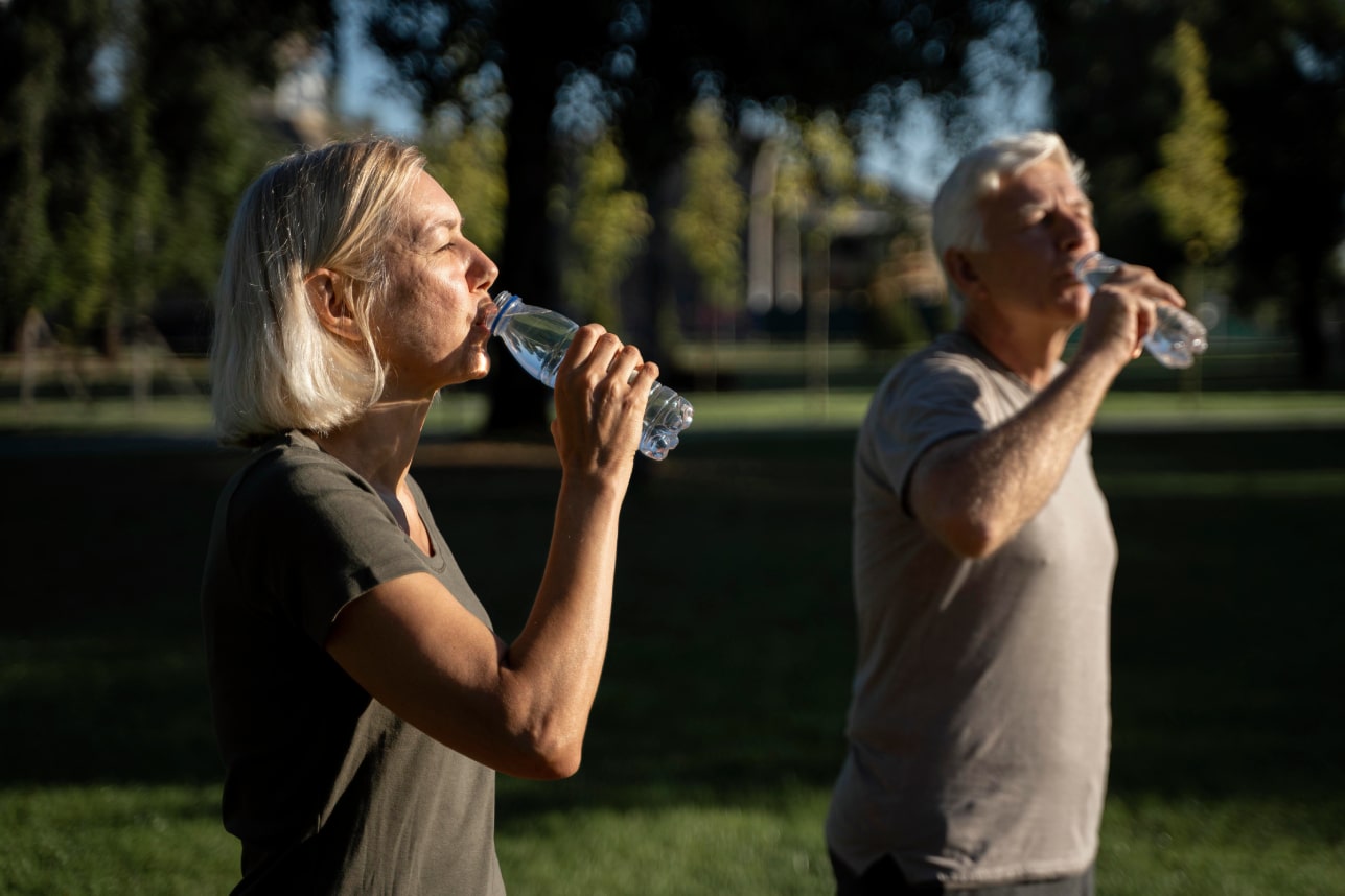 Can Heat Cause Headaches, image of a couple standing, taking a rest outside, both drinking from their own bottle of water.