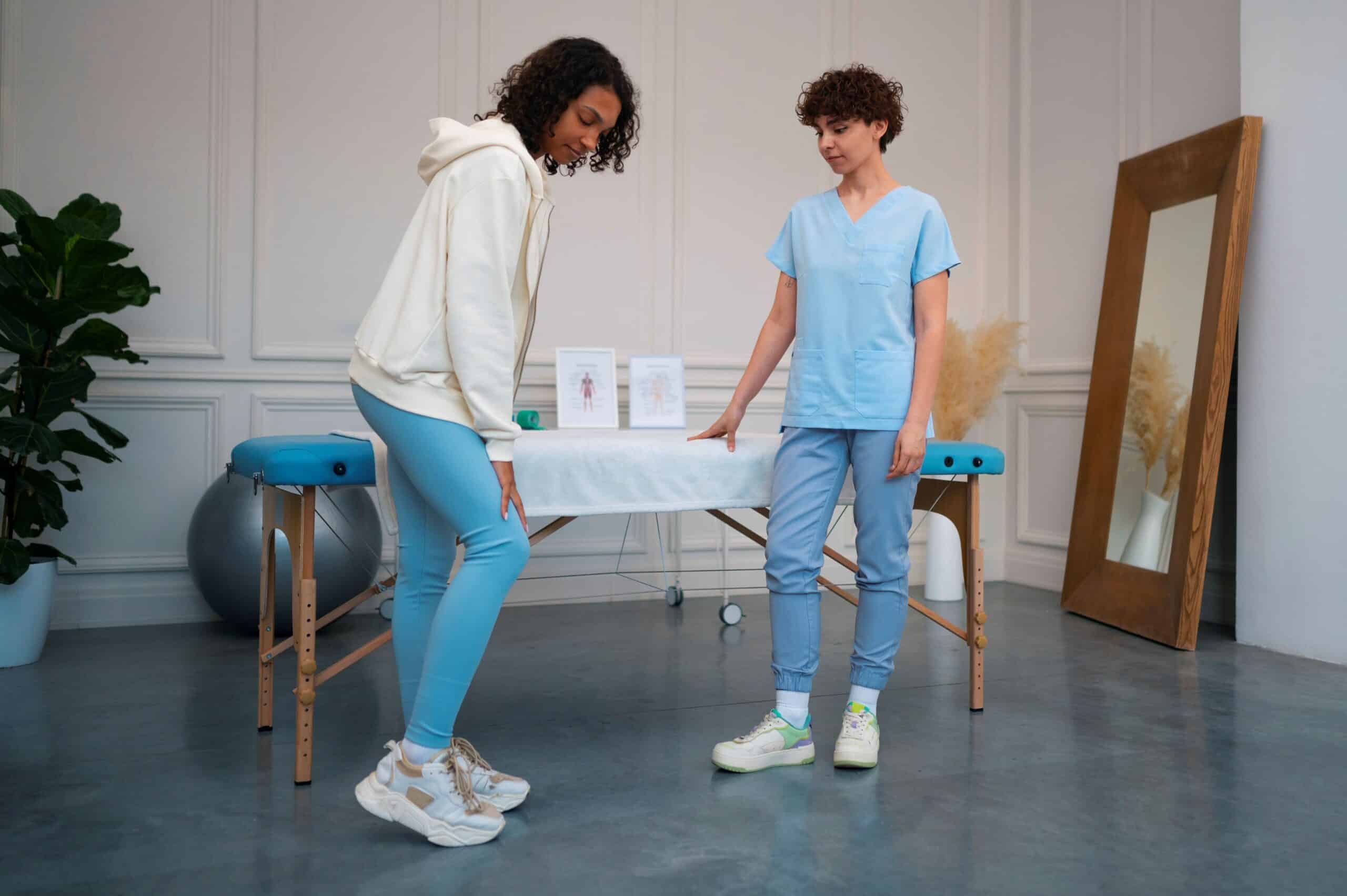 Gait training, image of young female physical therapist observing a young female patient bend her right knee.